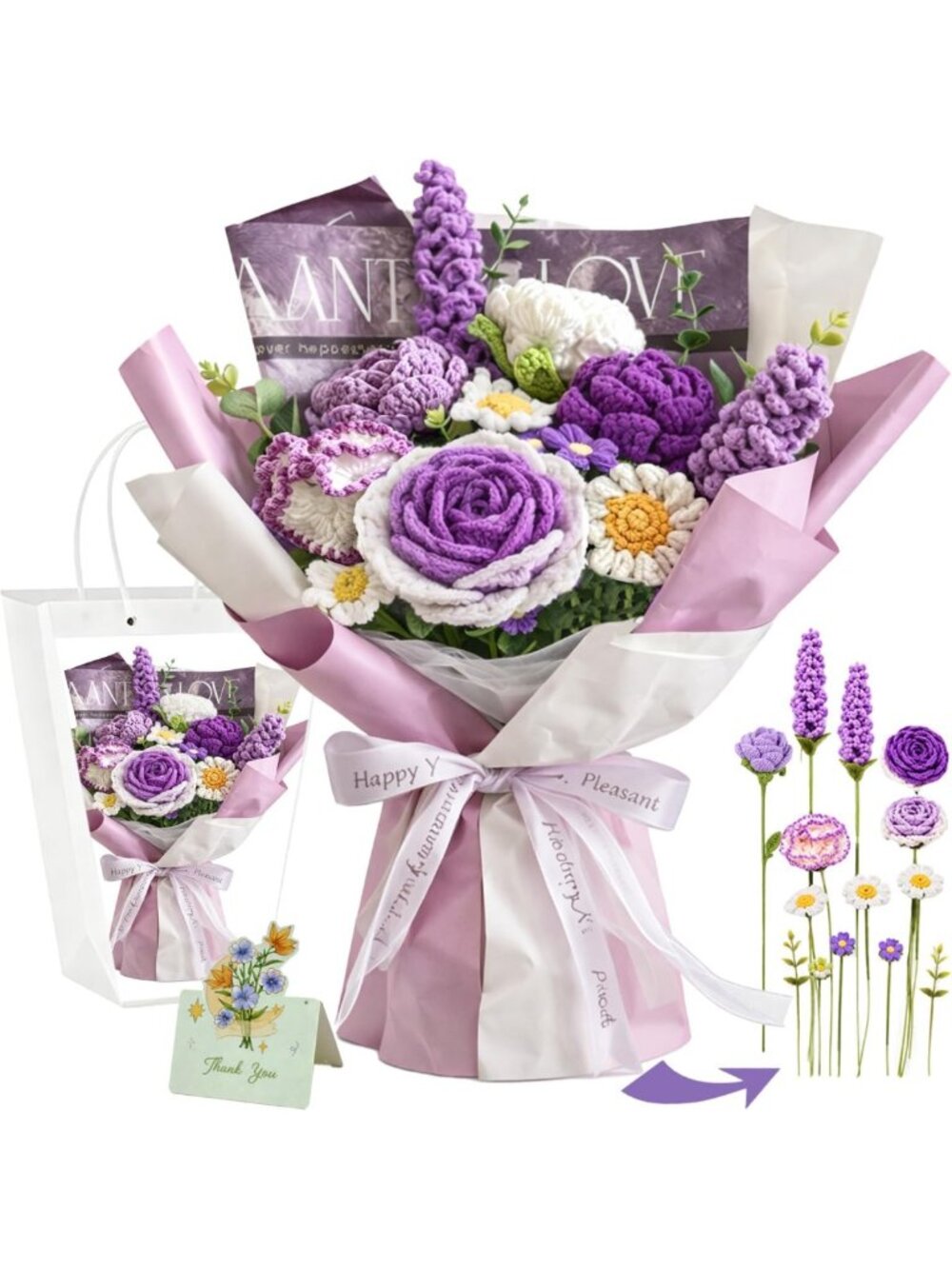 Handmade Crochet Flower Bouquet - Pink & Purple Knitted Roses, Perfect Gift for